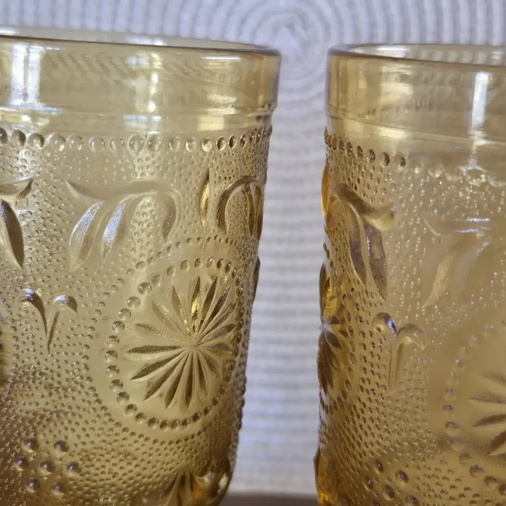 2 Vintage Brockway Glass American Concord Amber Water Glass Goblet Tumbler 8oz